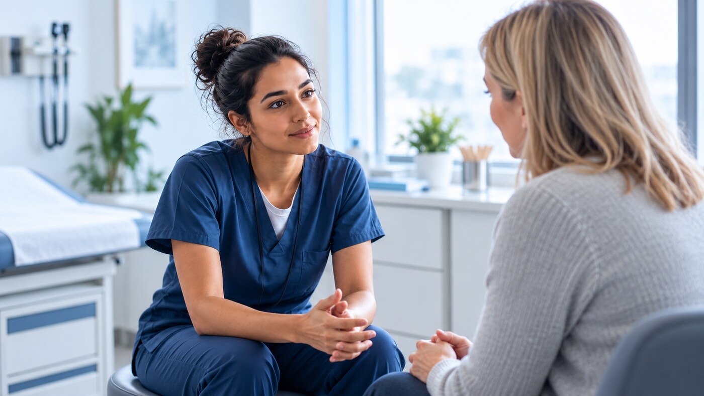 Internationale Fachkraft im Gespräch mit einer Patientin